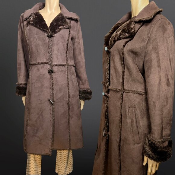 Y2K Penny Lane Coat Size l Boho Brown Faux Suede Brown Faux Fur 3/4 Length - Picture 1 of 11